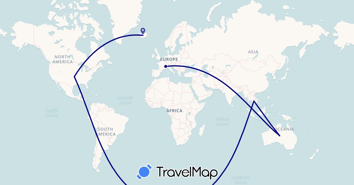 TravelMap itinerary: driving in Argentina, Australia, France, Iceland, Cambodia, United States (Asia, Europe, North America, Oceania, South America)